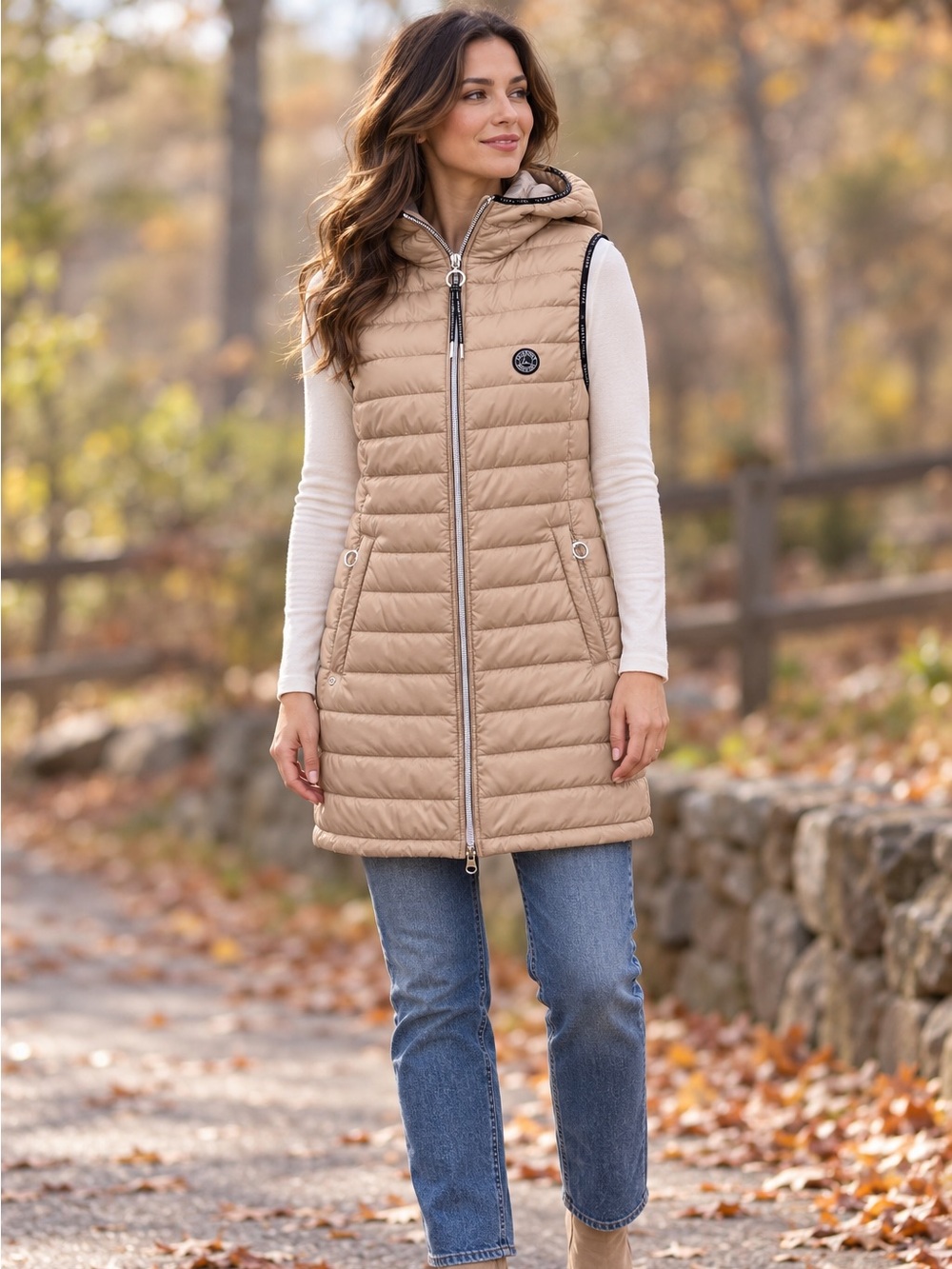 Luhta Sport Beige Hooded Long Puffer Vest EU 36 Athleisure Minimalist M